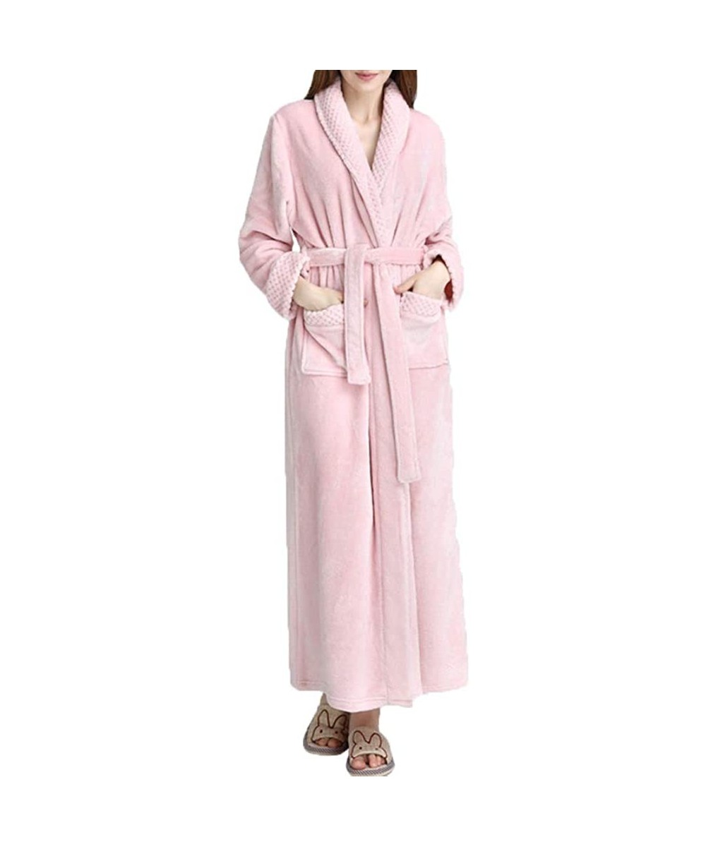 Robes Soft Flannel Solid Color Thicken Lapel Long Bath Robe Home Gown Sleepwear for Women - Light Pink - C7196ER03OR