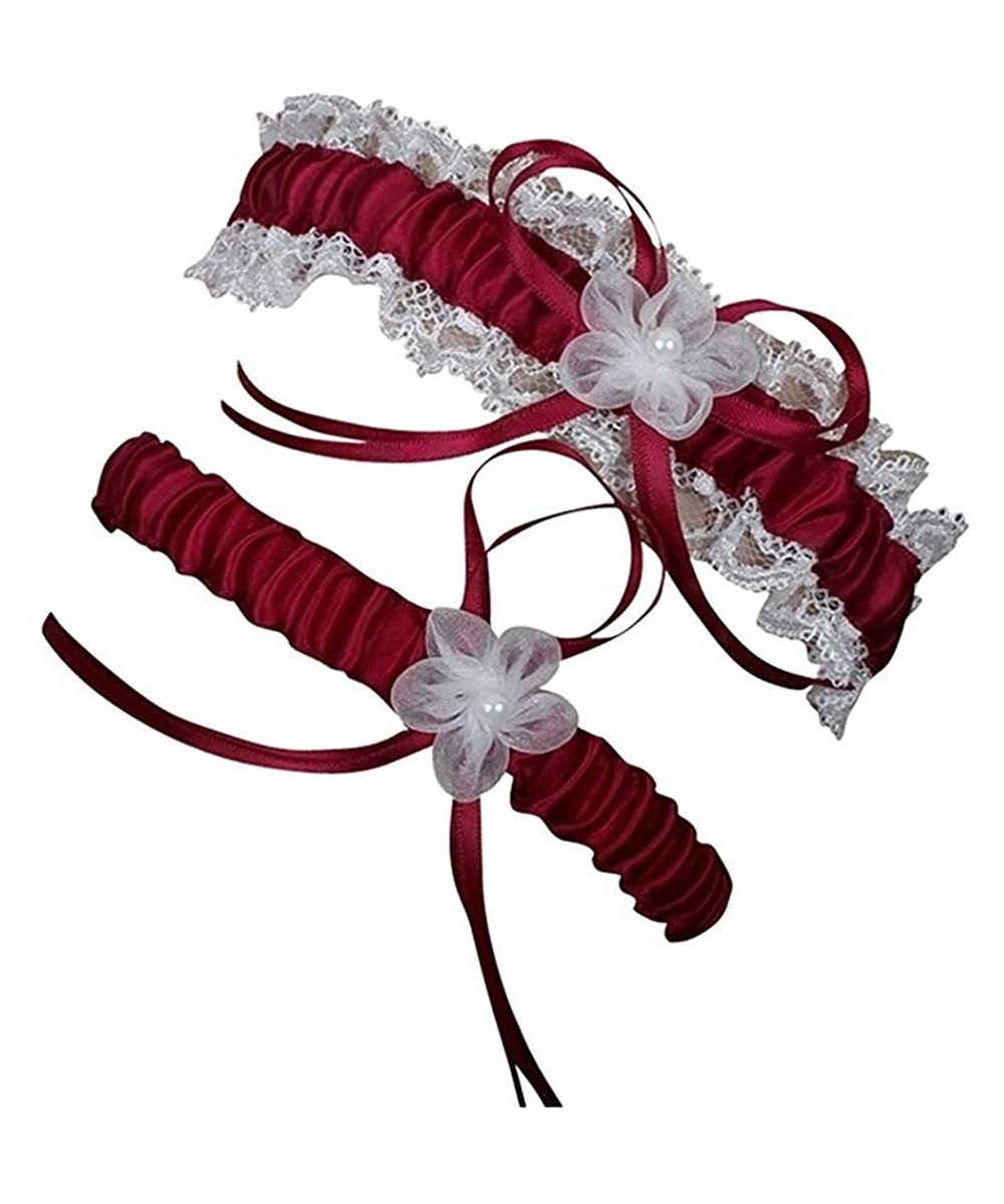 Garters & Garter Belts Lace Wedding Garters Set for Bride Women Stretch Prom Garter with Toss Away - Burgundy5 - C818RH9DI4T