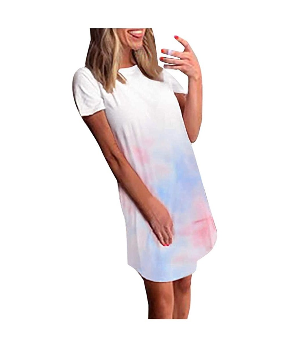 Nightgowns & Sleepshirts Women Tie Dye Pajamas Short Sleeve Sleepwear Shirt Dress Casual Nightgown - Light Blue - CG199S8UWRE