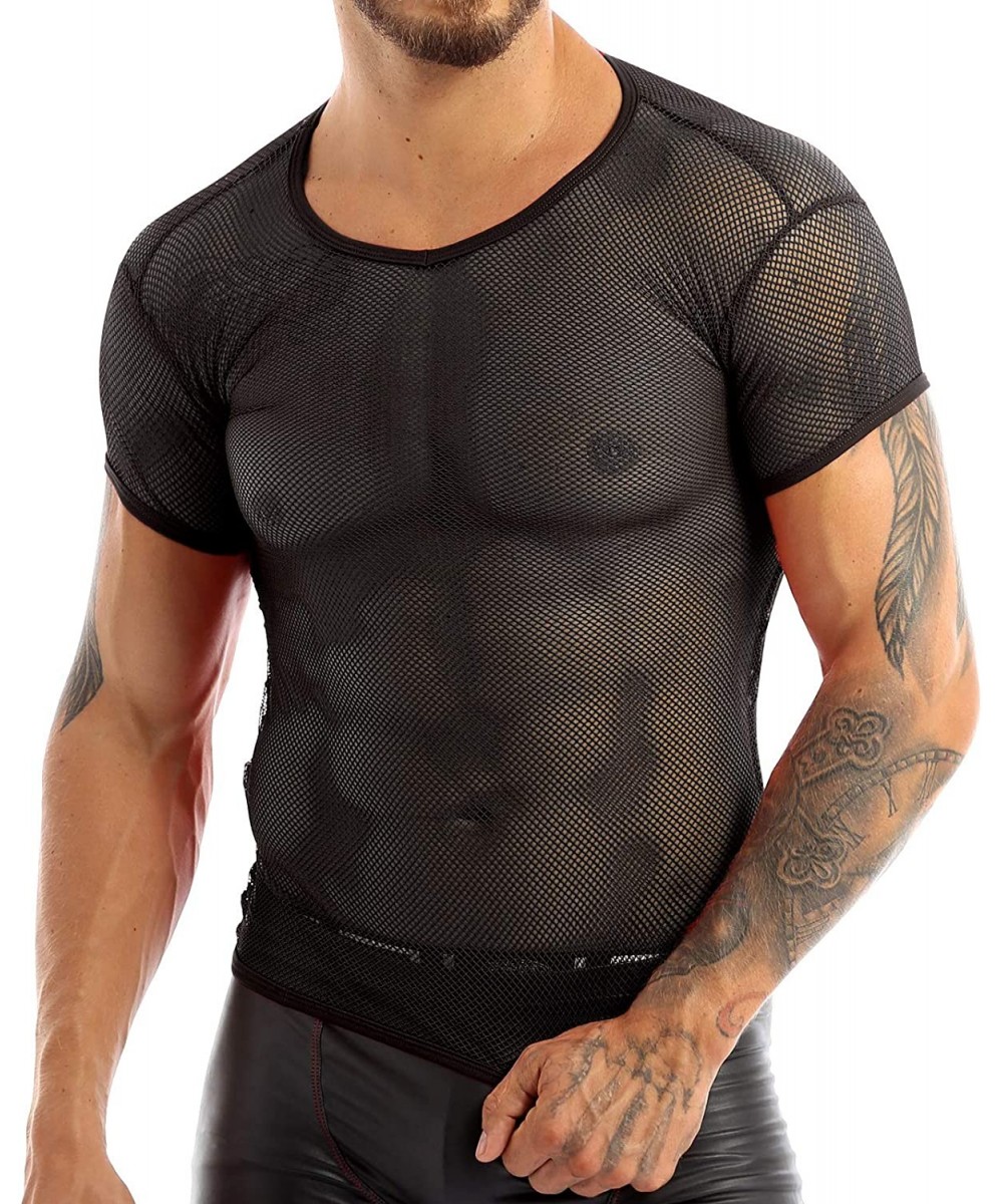 Undershirts Men's See Through Fishnet Mesh Clubwear Short Sleeve T-Shirt Sport Tank Undershirt - Black - CP1857K5XYD