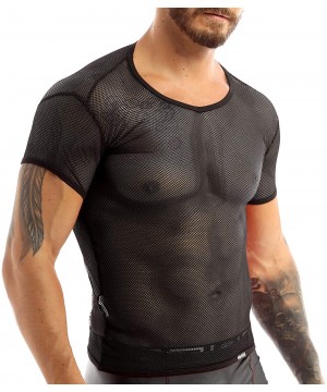 Undershirts Men's See Through Fishnet Mesh Clubwear Short Sleeve T-Shirt Sport Tank Undershirt - Black - CP1857K5XYD