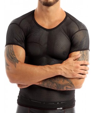 Undershirts Men's See Through Fishnet Mesh Clubwear Short Sleeve T-Shirt Sport Tank Undershirt - Black - CP1857K5XYD