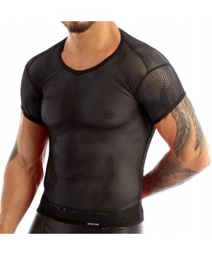 Undershirts Men's See Through Fishnet Mesh Clubwear Short Sleeve T-Shirt Sport Tank Undershirt - Black - CP1857K5XYD