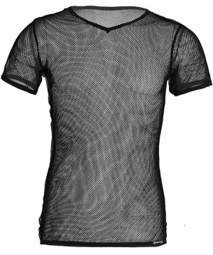 Undershirts Men's See Through Fishnet Mesh Clubwear Short Sleeve T-Shirt Sport Tank Undershirt - Black - CP1857K5XYD