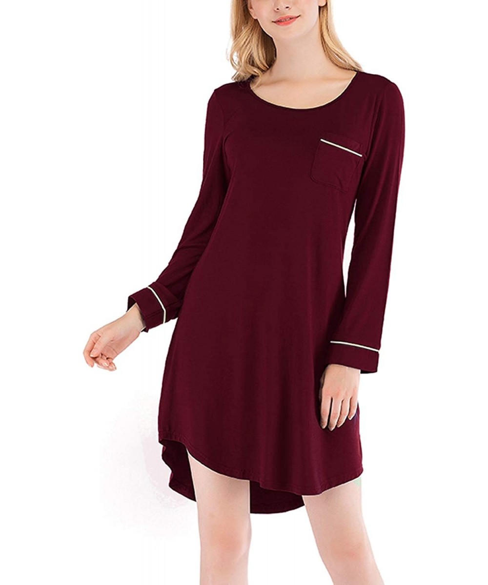 Nightgowns & Sleepshirts Nightgowns for Women Long Sleeve Sleep Dress Soft Loose Sleepwear Nightwear - Wine Red - CO193O2RZ6U