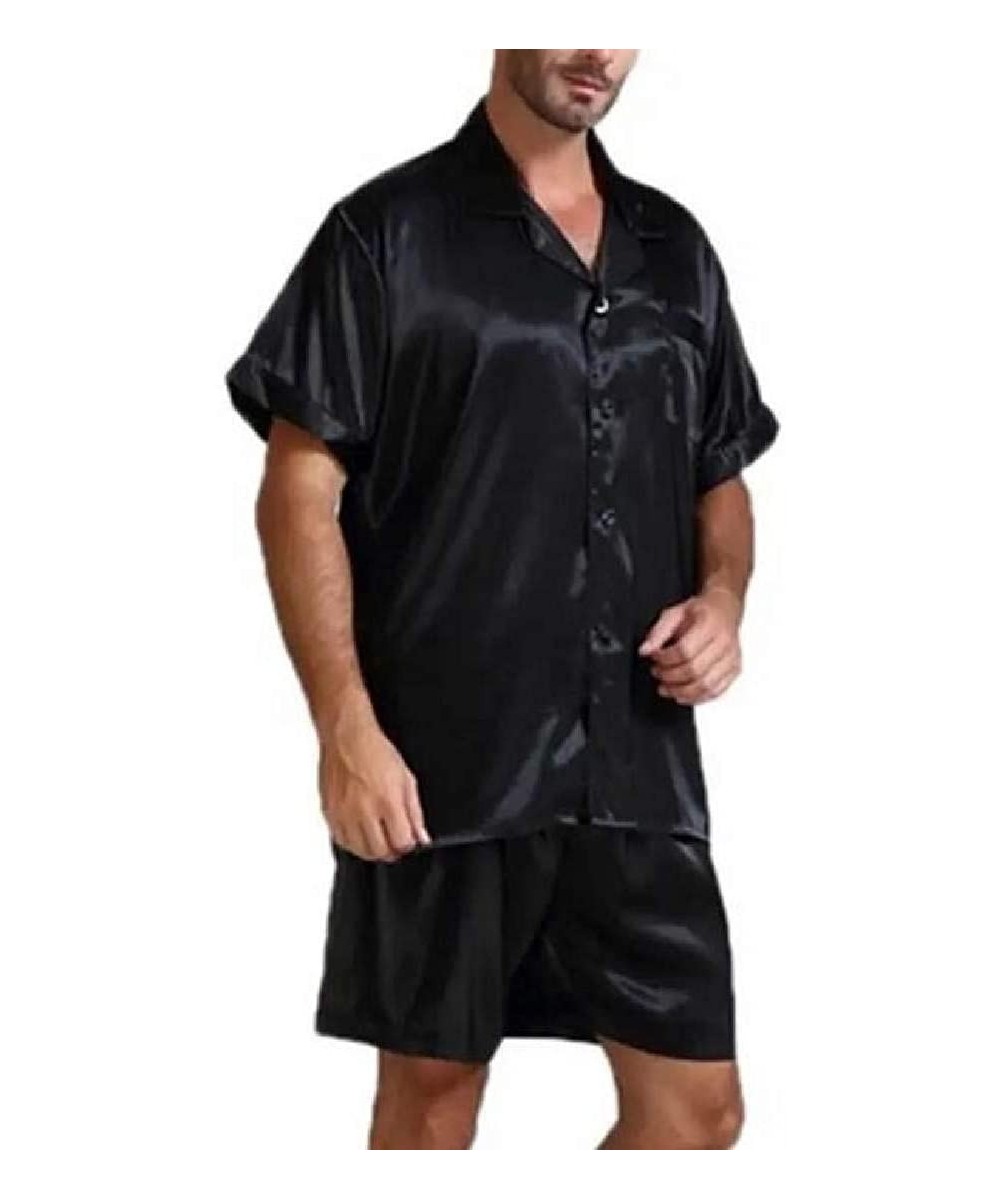 Sleep Sets Mens Sleepwear Nightwear 2 Piece Outfits Satin Short Sleepwear Pajama Set - Black - CH190AZ20SH