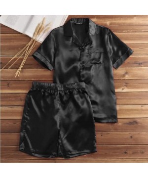 Sleep Sets Mens Sleepwear Nightwear 2 Piece Outfits Satin Short Sleepwear Pajama Set - Black - CH190AZ20SH