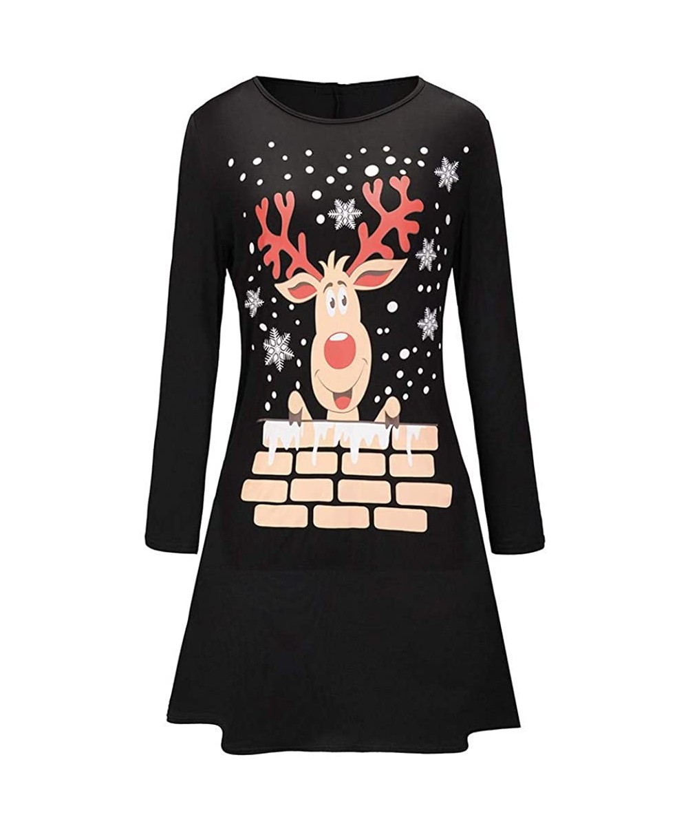 Thermal Underwear Women's O-Necked elk Printed Christmas Long-Sleeved Blouses - Black - CK18ZXY74Z8