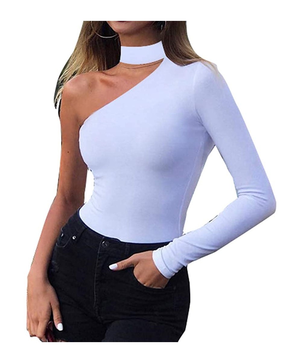 Shapewear Women's Sexy Off One Shoulder Long Sleeve Cutout Bodysuit Stretchy Leotard Tops - White - C718WM87ZCI