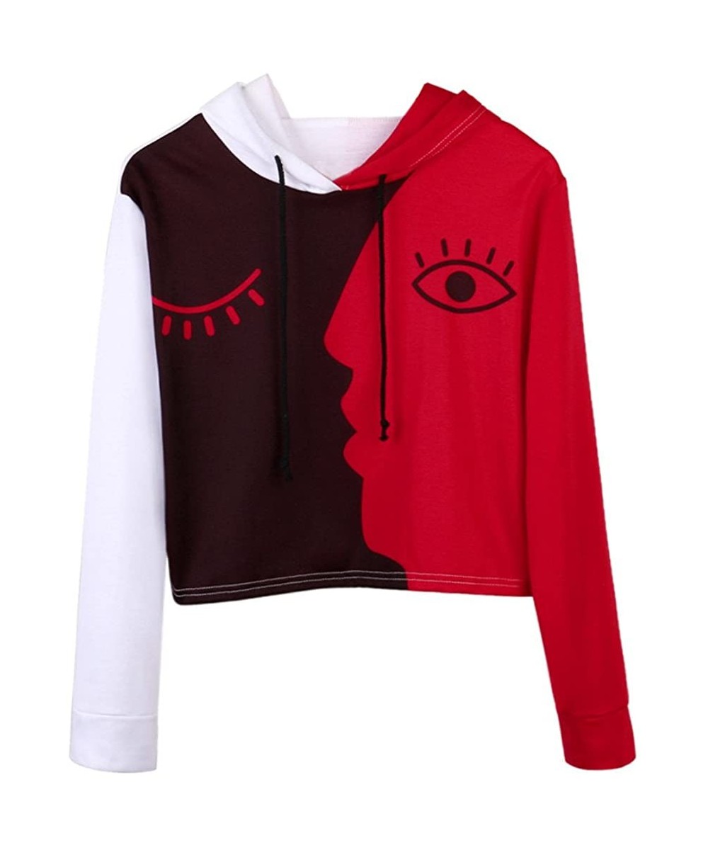 Thermal Underwear Women Cropped Sweatshirt Hooded Long Sleeve Splicing Smiley Face Pullover Tops - White - CJ192EL5W5K