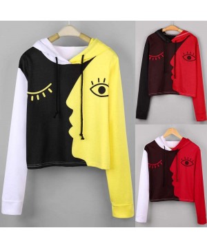 Thermal Underwear Women Cropped Sweatshirt Hooded Long Sleeve Splicing Smiley Face Pullover Tops - White - CJ192EL5W5K