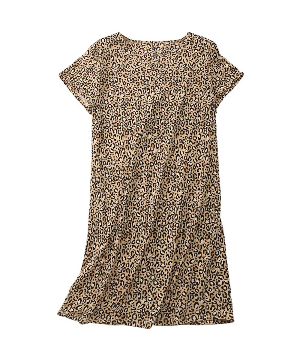 Nightgowns & Sleepshirts Womens Cotton Sleepwear Short Sleeves Print Sleepshirt Sleep Tee - Yellow Leopard - CU190WTXU76