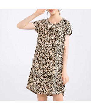 Nightgowns & Sleepshirts Womens Cotton Sleepwear Short Sleeves Print Sleepshirt Sleep Tee - Yellow Leopard - CU190WTXU76