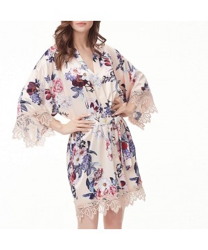 Robes Women's Silk Satin Robe Short Kimono Knee Length Printed Bathrobe Sleepwear Luxury Gift - Khaki - CJ194CSAOUD