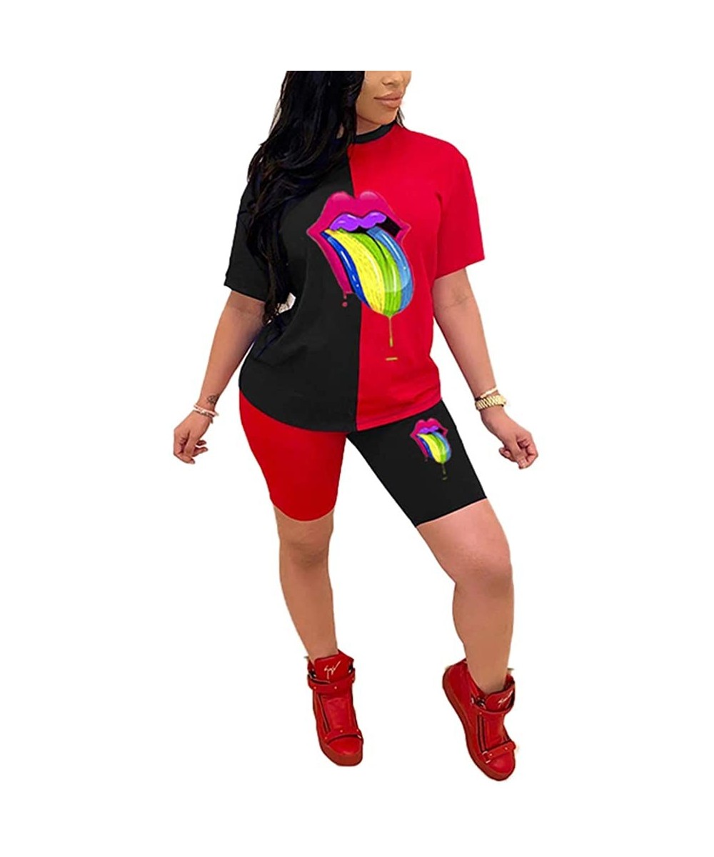 Sets Womens 2 Pieces Biker Shorts Set Letter Print Colorblock Short Sleeve Shirt Bodycon Shorts Activewear Outfits Red5 - CB1...