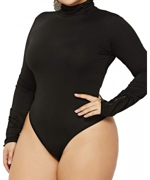 Shapewear Women's Stretchy Turtleneck Long Sleeve Bodysuit Thong Tops Solid Color Romper Leotard - D-black - CW194RMXHN4