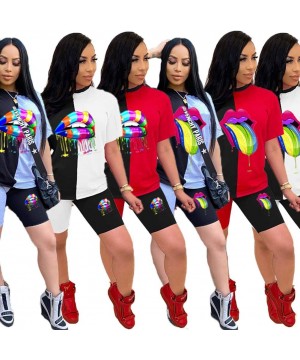 Sets Womens 2 Pieces Biker Shorts Set Letter Print Colorblock Short Sleeve Shirt Bodycon Shorts Activewear Outfits Red5 - CB1...