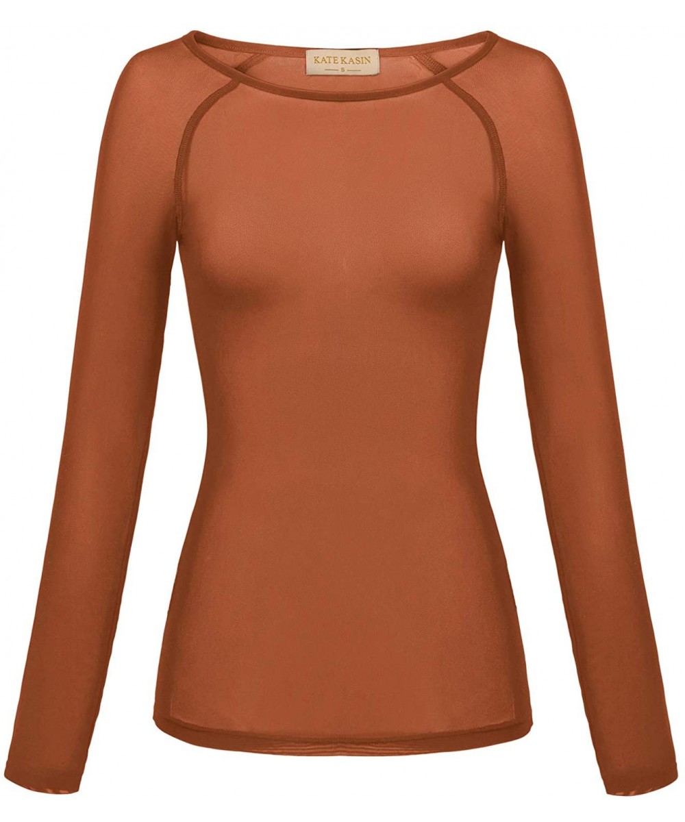 Shapewear Women's Basic Long Sleeves Mesh Sheer Tops - Rust - CJ18ATK4LY8