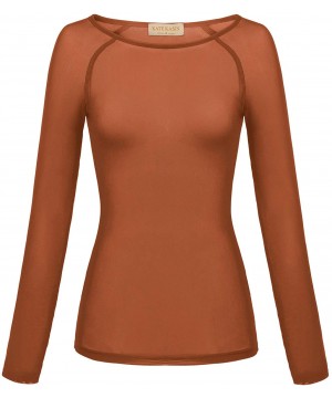 Shapewear Women's Basic Long Sleeves Mesh Sheer Tops - Rust - CJ18ATK4LY8