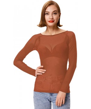 Shapewear Women's Basic Long Sleeves Mesh Sheer Tops - Rust - CJ18ATK4LY8