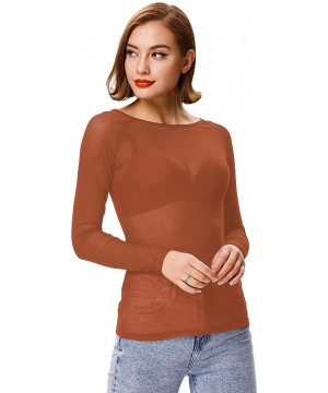 Shapewear Women's Basic Long Sleeves Mesh Sheer Tops - Rust - CJ18ATK4LY8