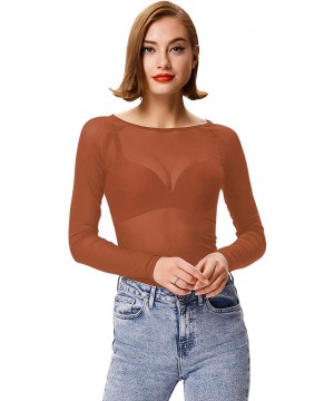 Shapewear Women's Basic Long Sleeves Mesh Sheer Tops - Rust - CJ18ATK4LY8