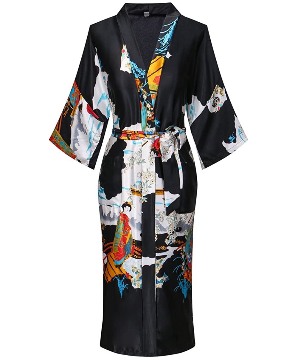 Robes Floral Pattern Kimono Robe Long Bathrobe For Women - Black - CQ18IIXTSKG