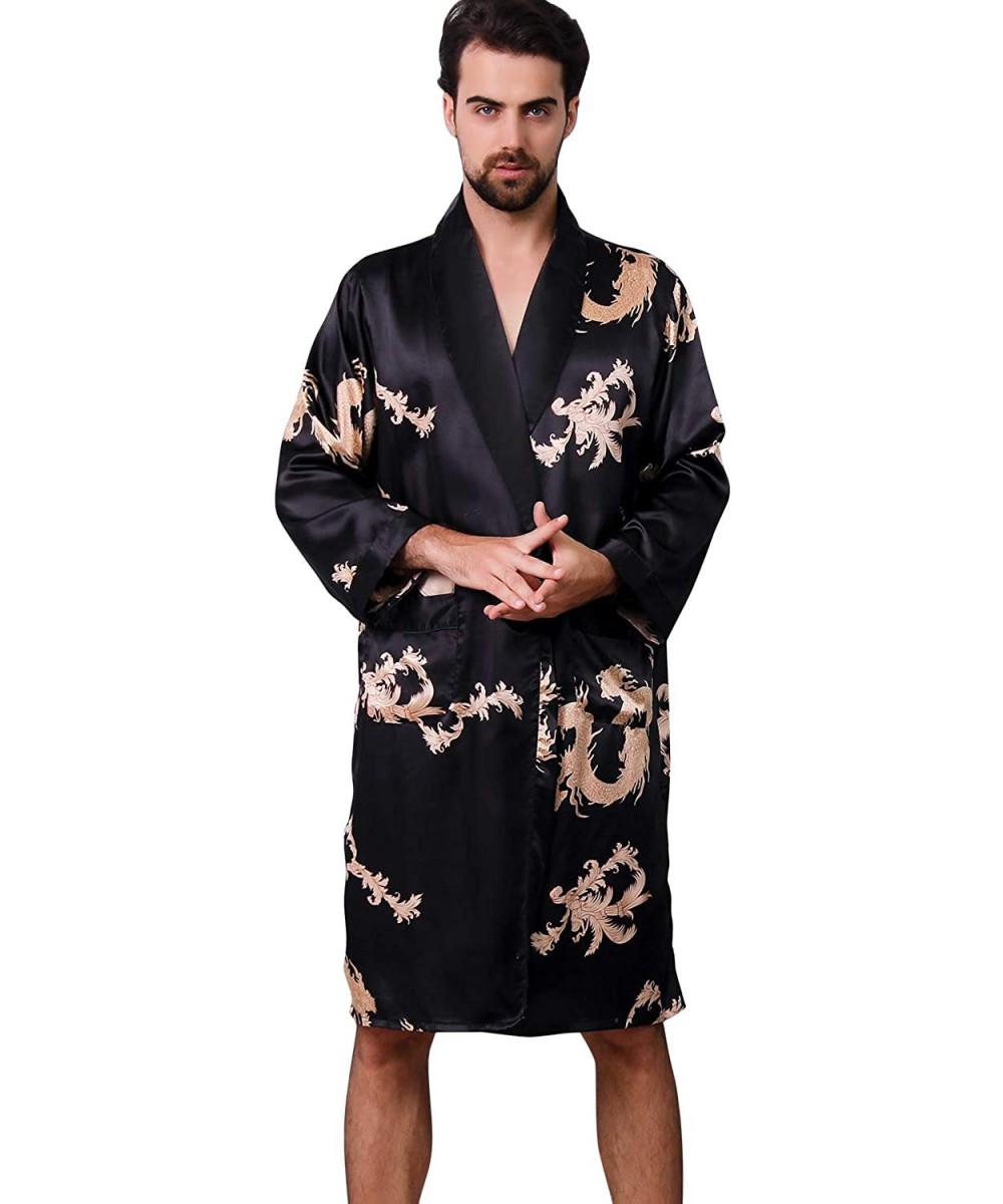 Robes Men's Satin Robe Dragon Luxurious Silk Spa Long Sleeve House Kimono Bathrobe - Black1 - CD18TT9A3DC