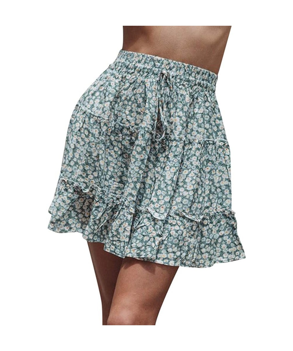 Baby Dolls & Chemises Women Summer Casual Boho High Waist Ruffled Floral Print Beach Short Skirt - Light Blue - C4198D79KC6