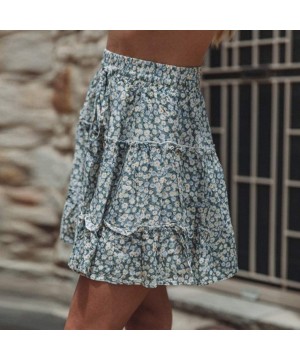 Baby Dolls & Chemises Women Summer Casual Boho High Waist Ruffled Floral Print Beach Short Skirt - Light Blue - C4198D79KC6