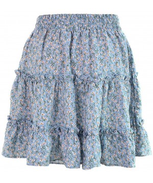 Baby Dolls & Chemises Women Summer Casual Boho High Waist Ruffled Floral Print Beach Short Skirt - Light Blue - C4198D79KC6