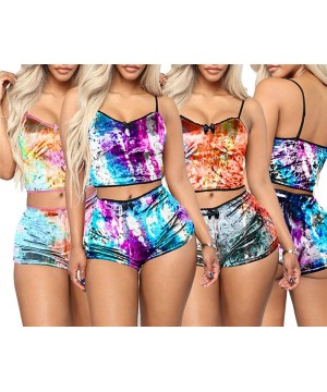 Sets 2Piece Sexy Women Velvet Pajamas Shorts Set Sleepwear Straps Crop Top Sleep Shorts Lingerie Lounge Wear Tie Dye Blue - C...