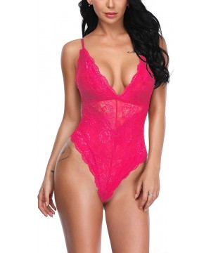 Baby Dolls & Chemises Women Deep V Sexy Lace Bodysuit Snap Crotch Lingerie Teddy Underwear - Rose Red - CF18SQMXL5I