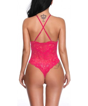 Baby Dolls & Chemises Women Deep V Sexy Lace Bodysuit Snap Crotch Lingerie Teddy Underwear - Rose Red - CF18SQMXL5I