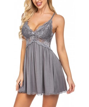 Baby Dolls & Chemises Women Sexy Nighty Lace Babydoll Nightgown Sleepwear Modal Chemise Lingerie Slip - Grey - CC18ZGS82R0