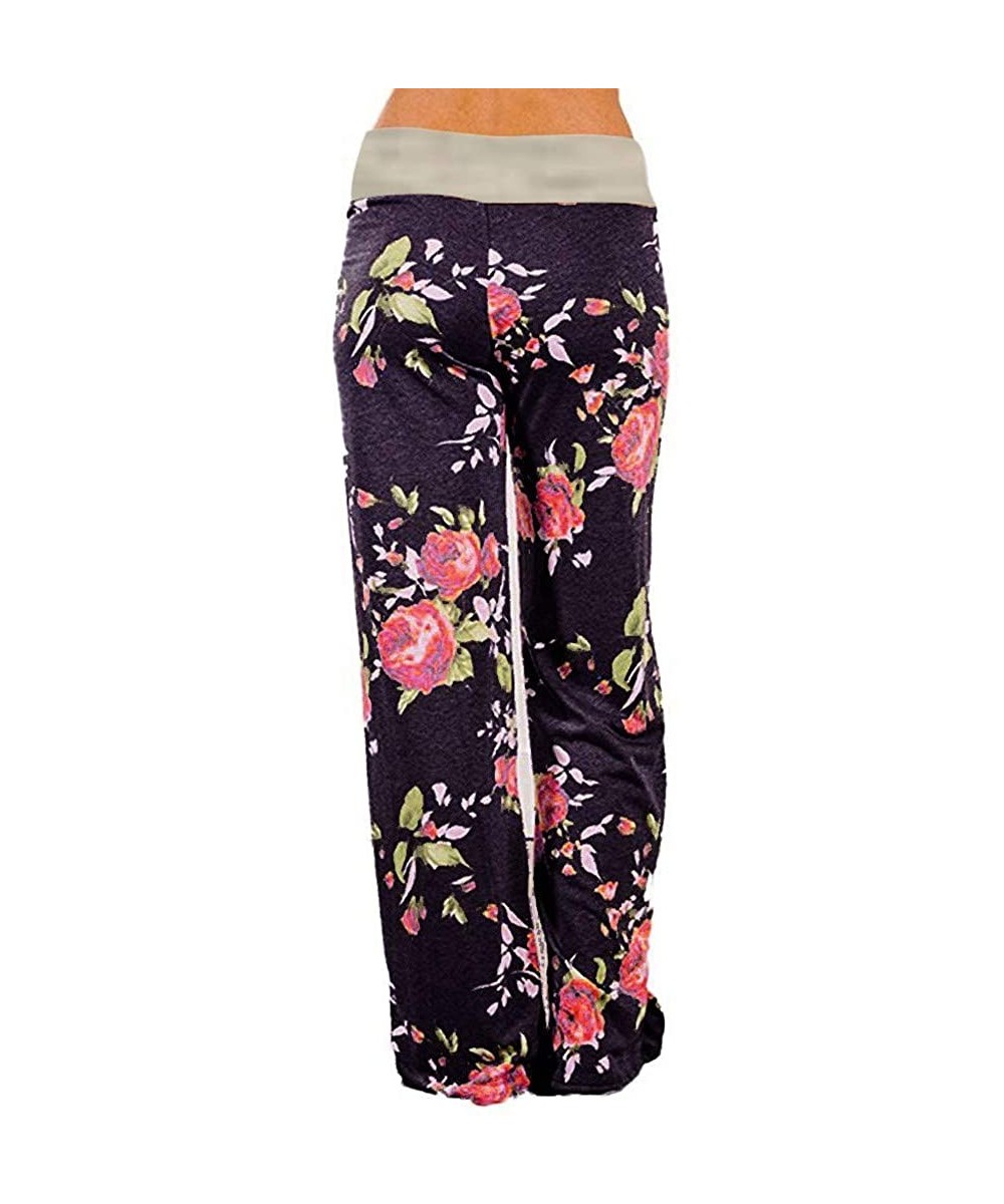 Bottoms Women's Floral Print Casual Pajama Pants Comfy High Waist Drawstring Wide Leg Lounge Pants - Brown - CF19CAK3IHM