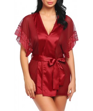 Sets Sexy Kimono Lingerie for Women Short Sleeve Lace Mesh Robe - Wine Red - C518GGX9DO3