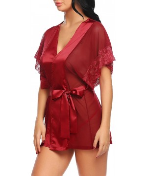 Sets Sexy Kimono Lingerie for Women Short Sleeve Lace Mesh Robe - Wine Red - C518GGX9DO3