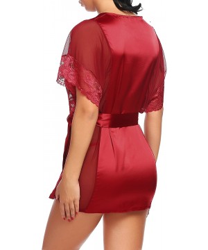 Sets Sexy Kimono Lingerie for Women Short Sleeve Lace Mesh Robe - Wine Red - C518GGX9DO3