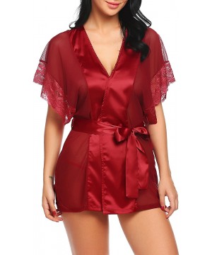 Sets Sexy Kimono Lingerie for Women Short Sleeve Lace Mesh Robe - Wine Red - C518GGX9DO3