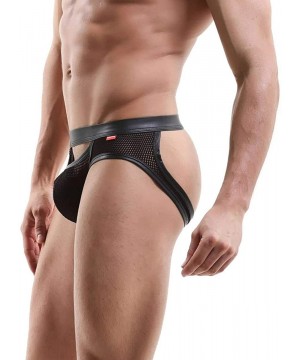 G-Strings & Thongs Men Thongs G-String Jockstrap PU Leather Mesh Gay Udnerwear Backless Slip Homme Thongs - Black - CC18YI57XMT