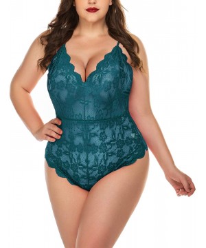 Baby Dolls & Chemises Plus Size Lingerie for Women Lace Teddy Lingerie Bodysuit One Piece Babydoll - Full Lace Teddy-blue Gre...