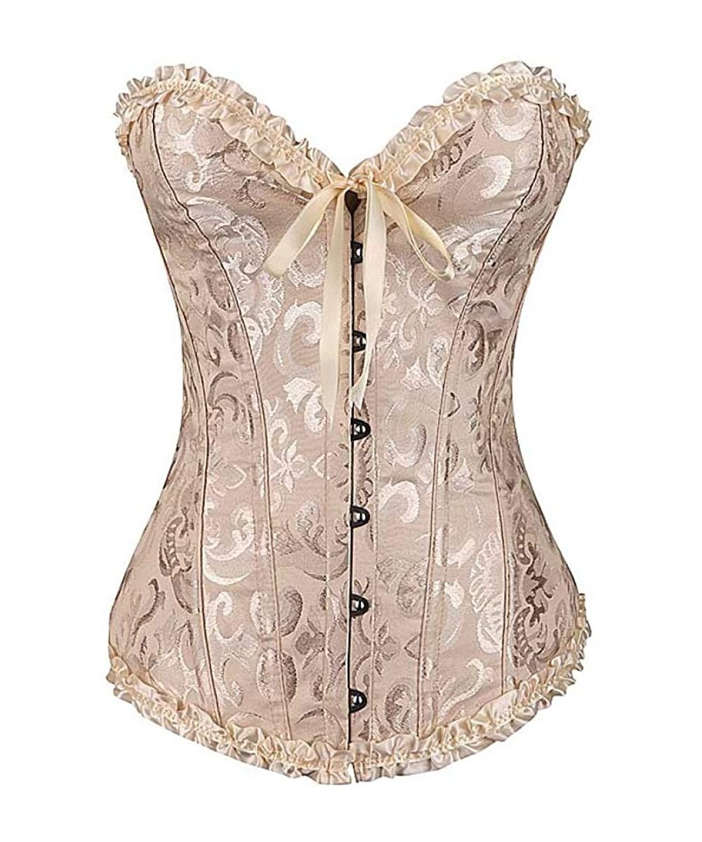 Bustiers & Corsets Lace Up Corset Elastic Boned Sexy Women Overbust Floral Bustier Outfit Waist Trainer - Apricot - C518SWOO2HA