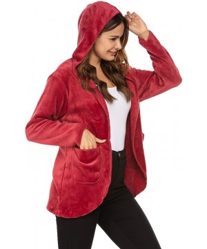 Robes Womens Long Sleeve Solid Fuzzy Fleece Open Front Hooded Cardigans Jacket Coats Outwear with Pocket - Wine Red - CU18Z0R...