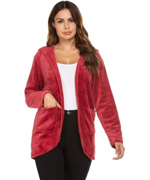 Robes Womens Long Sleeve Solid Fuzzy Fleece Open Front Hooded Cardigans Jacket Coats Outwear with Pocket - Wine Red - CU18Z0R...