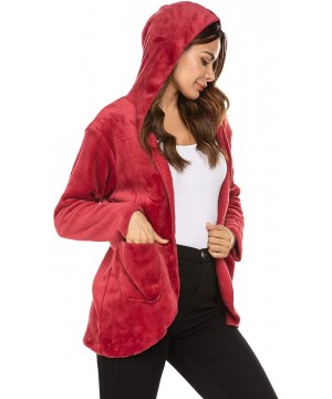 Robes Womens Long Sleeve Solid Fuzzy Fleece Open Front Hooded Cardigans Jacket Coats Outwear with Pocket - Wine Red - CU18Z0R...