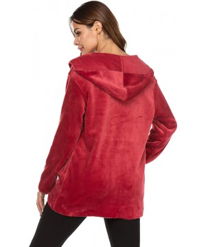 Robes Womens Long Sleeve Solid Fuzzy Fleece Open Front Hooded Cardigans Jacket Coats Outwear with Pocket - Wine Red - CU18Z0R...