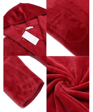 Robes Womens Long Sleeve Solid Fuzzy Fleece Open Front Hooded Cardigans Jacket Coats Outwear with Pocket - Wine Red - CU18Z0R...