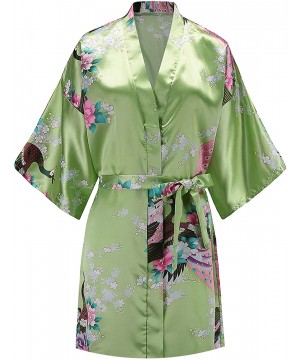 Robes Women Peacock Satin Short Bridal Kimono Robe Bridesmaid Sleepwear Wedding Dressing Gown - Deep Green - CO18DHG6RLZ