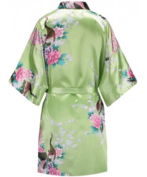 Robes Women Peacock Satin Short Bridal Kimono Robe Bridesmaid Sleepwear Wedding Dressing Gown - Deep Green - CO18DHG6RLZ